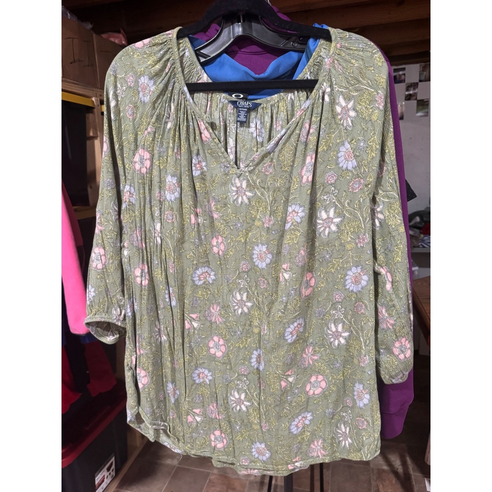 Chaps Womens 1X Sage Green Floral Crinkle V-Neck Peasant Blouse Long Sleeve Top